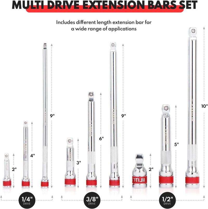 BILITOOLS Wobble Extension Set, 9 PCS 1/4", 3/8" and 1/2" Drive Ratchet Extension Set Flexible, Cr-V Steel - Image 3